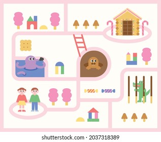 Maze game template. A girl and a boy looking for a house of sweets. flat design style vector illustration