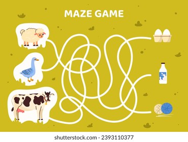 Maze game template. Goose, sheep and cow line path. Farm and cattle. Educational materials for children. Logical skills development for kids. Poster or banner. Cartoon flat vector illustration