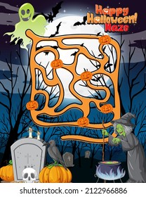 Plantilla de juego de Maze en la ilustración del tema de Halloween