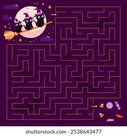 Maze game template in Halloween theme. Help three black cats find right way to candies. Puzzle for children. Trick or treat food labyrinth. Vector illustration for kids.