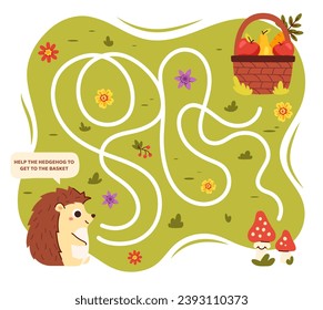 Maze game template. Hedgehog and basket line path. Forest dweller. Educational materials for children. Logical skills development for kids. Poster or banner. Cartoon flat vector illustration