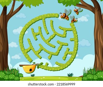 Maze game template in honeybee theme for kids illustration