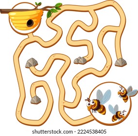 Maze game template in honeybee theme for kids illustration