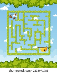 Maze game template in honeybee theme for kids illustration