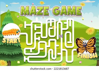 Maze game template in insect theme for kids illustration