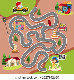 Plantilla de juego de Maze con niño en la ilustración de coche de carreras