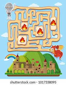 Maze game template with knight and dragon illustration