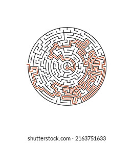 Maze game template, logic labyrinth with clue answer key isolated. Vector conundrum puzzle with shown entrance exit, round maze game riddle. Abstract logic tangled quiz, rebus on search right entry
