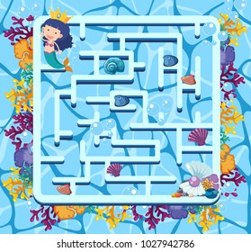 Maze game template with mermaid swimming in the sea illustration