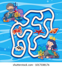 Maze game template with mermaids under the sea illustration