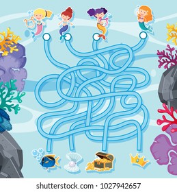 Maze game template with mermaids under the sea illustration