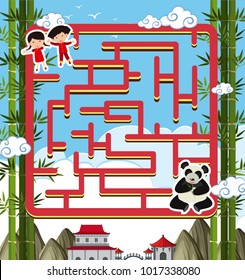 Maze game template with panda and kids illustration