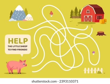 Plantilla de juego de Maze. Ruta de la línea de cerdos y graneros. Labirinth agrícola. Material educativo para niños. Desarrollo de habilidades lógicas para los niños. Elemento gráfico para el sitio web. Dibujo vectorial plano de dibujos animados