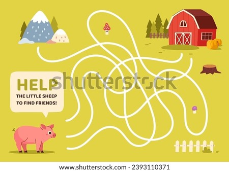 Maze game template. Pig and barn line path. Farm labirynth. Educational materials for children. Logical skills development for kids. Graphic element for website. Cartoon flat vector illustration