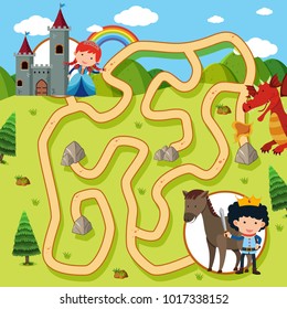 Maze game template with princess and knight illustration