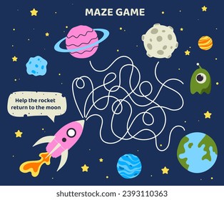 Maze game template. Rocket and planet line path. Space labirynth. Educational materials for children. Logical skills development for kids. Graphic element for website. Cartoon flat vector illustration