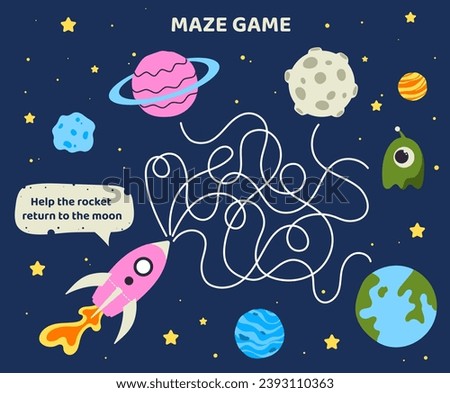 Maze game template. Rocket and planet line path. Space labirynth. Educational materials for children. Logical skills development for kids. Graphic element for website. Cartoon flat vector illustration