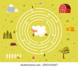 Plantilla de juego de Maze. Ruta de la línea de oveja y granero. Labirinth de ganado. Material educativo para niños. Desarrollo de habilidades lógicas para los niños. Elemento gráfico para el sitio web. Dibujo vectorial plano de dibujos animados
