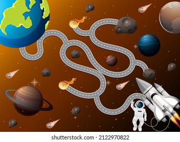 Maze game template in space theme for toddlers illustration