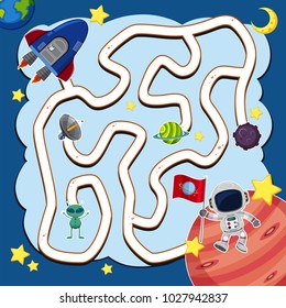 Plantilla de juego Maze con nave espacial en ilustración espacial