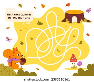 Maze game template. Squirrel and stump line path. Forest labirynth. Educational materials for children. Logical skills development for kids. Poster or banner. Cartoon flat vector illustration