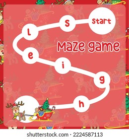 Maze Spiel-Nachverfolgung des Wortes geordnet. Printable Weihnachts-Theme Labyrinth Spiel-Tabelle für Kinder. Unterrichtsausdruck. Vektorgrafik-Datei.