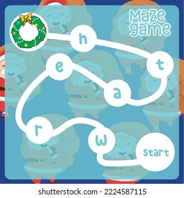 Maze game tracing the word orderly. Printable Christmas theme maze game worksheet for kids. Educational printable sheet. Vector illustration file.