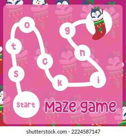 Juego de Maze rastreando la palabra de forma ordenada. Hoja de cálculo de juego de máscaras de temas navideños imprimibles para niños. Hoja didáctica imprimible. Archivo de ilustración del vector.
