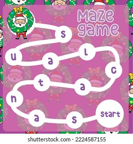 Maze game tracing the word orderly. Printable Christmas theme maze game worksheet for kids. Educational printable sheet. Vector illustration file.