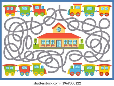 Maze game with train. Cartoon vector labyrinth education puzzle. Find path. Kids activity worksheet.