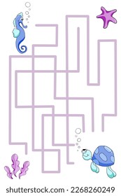 Maze game underwater life. Help the turtle find the seahorse. Cartoon vector illustration for children's entertainment on white background.