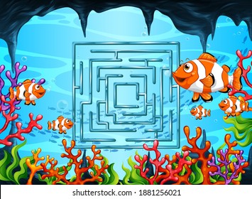 Maze game in the underwater theme template illustration