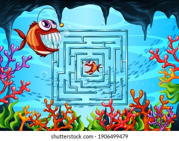 Maze game in the underwater theme template illustration
