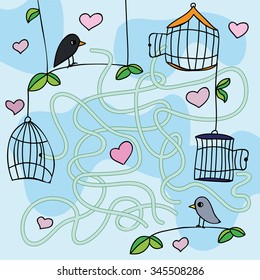 Maze game -Vector illustration with funny birds - find the right way