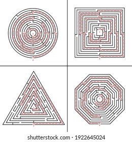 Juego de Maze. El vector se rompe con la solución. Juego para encontrar la forma correcta de salir del laberinto. Cuatro opciones de laberinto: cuadrado, redondo, triángulo y poligonal. Juego de juegos para niños y adultos.