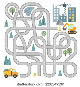 Maze game with vehicles and tangled road. Help the truck to reach the construction site