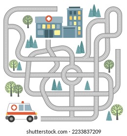 Juego de mazorca con vehículos y carretera enredada. Ayudar al auto de la ambulancia a llegar al hospital