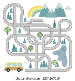 Maze game with vehicles and tangled road. Help the minivan to reach the mountains