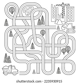 Maze game with vehicles and tangled road. Help the truck to reach the construction site. Coloring book page