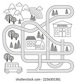 Maze game with vehicles and tangled road. Help the ambulance car to reach the hospital. Coloring book page