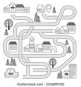 Maze game with vehicles and tangled road. Help the taxi to reach the destination point. Coloring book page