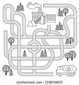 Maze game with vehicles and tangled road. Help the garbage truck to reach recycle plant. Vector coloring book page for children activity