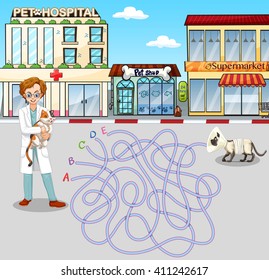 Maze game with vet and pet illustration