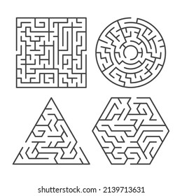 Maze game ways. Outlines puzzles. Different shapes of interesting kids labyrinths. Searching route to exit. Complex educational plays. Finding path. Thinking tasks