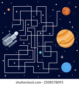 Jogo de labirinto. Que planeta o telescópio espacial está observando? Jogos educativos para crianças. Ilustração vetorial do livro de atividades.