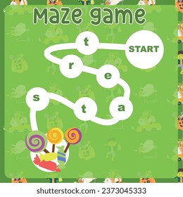 Maze game worksheet in Halloween edition. Worksheet for learning English and alphabet. Educational activity for children. Simple educational printable worksheet. Vector illustration.