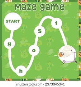 Maze game worksheet in Halloween edition. Worksheet for learning English and alphabet. Educational activity for children. Simple educational printable worksheet. Vector illustration.