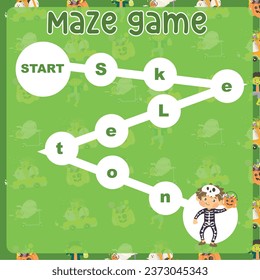 Maze game worksheet in Halloween edition. Worksheet for learning English and alphabet. Educational activity for children. Simple educational printable worksheet. Vector illustration.