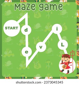 Maze game worksheet in Halloween edition. Worksheet for learning English and alphabet. Educational activity for children. Simple educational printable worksheet. Vector illustration.