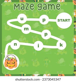 Maze game worksheet in Halloween edition. Worksheet for learning English and alphabet. Educational activity for children. Simple educational printable worksheet. Vector illustration.
